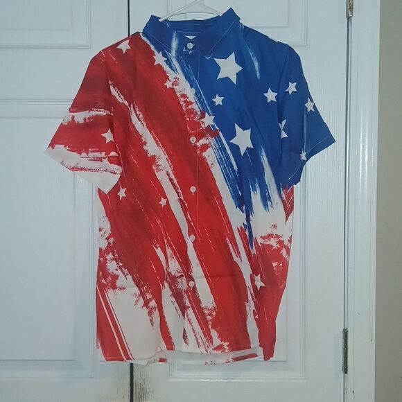 July 4th red white blue patriotic independence button down shirt Sz XL 13-14 yr - Picture 1 of 7